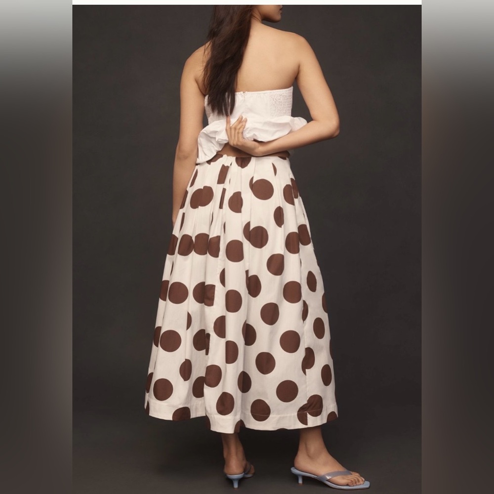 Anthropologie by Maeve White and Brown Polka Dot poplin pleated midi Skirt - Picture 2 of 7